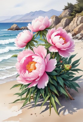 Beautiful peonies blooming by the seaside in spring