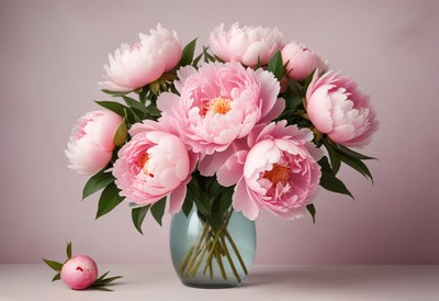 Pink peony bouquet in a glass vase on a neutral background