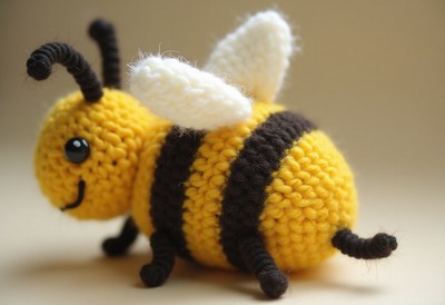 Crochet bee toy with black and yellow stripes on display