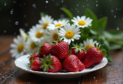 Fresh strawberries and daisies on a rustic wooden table