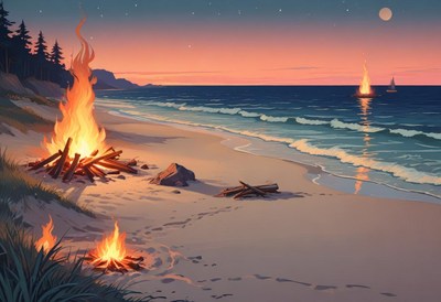 Campfire glowing on a serene beach at sunset