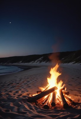 Campfire on the beach during twilight by the ocean wave