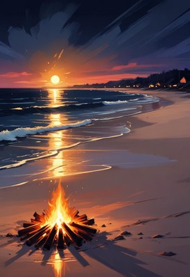 Sunset by the beach with a cozy campfire glowing