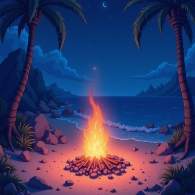 Cozy campfire on a tranquil beach at night