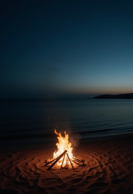 Campfire glows on serene beach at twilight