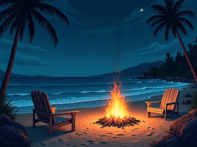 Campfire glow on a serene beach at night