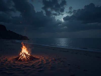Campfire glowing on a quiet beach at night