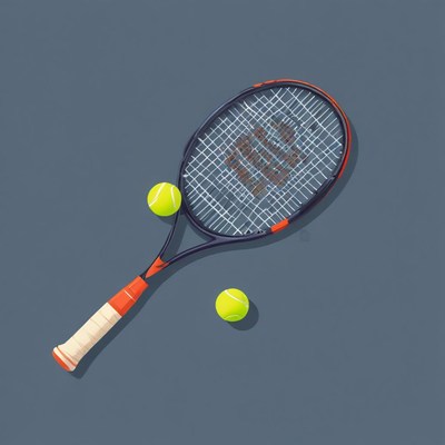 Tennis racket and balls resting on a gray background
