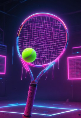 Tennis racket and neon green ball in vibrant setting