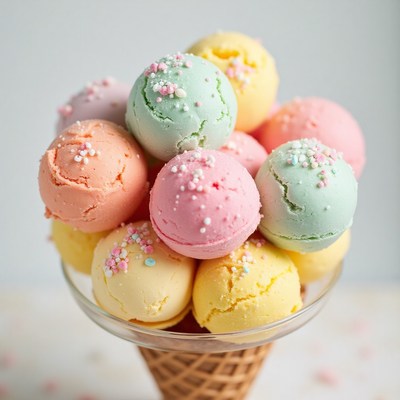 Colorful ice cream scoops in a waffle cone arrangement