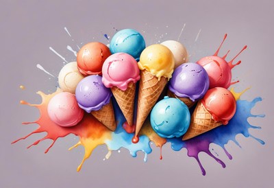 Colorful ice cream cones arranged with vibrant splashes