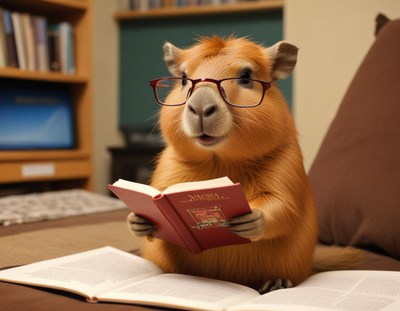 Capybara reading a book in a cozy indoor setting