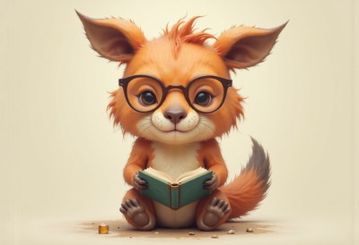 Cute orange creature reading a book with glasses