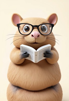Cute hamster wearing glasses and reading a book