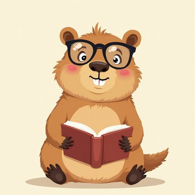 Cute groundhog reading a book with glasses