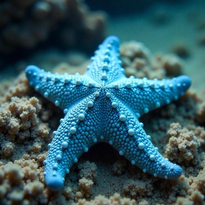 Beautiful blue starfish rests on coral reef