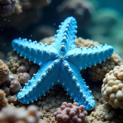 Bright blue starfish resting on coral reef