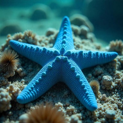 Vibrant blue starfish resting on coral reef