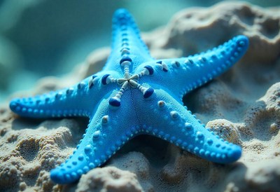 Bright blue starfish resting on reef during quiet day