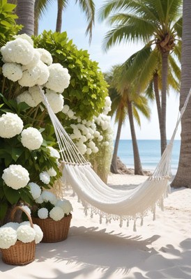 Relaxing hammock by the beach with white flowers