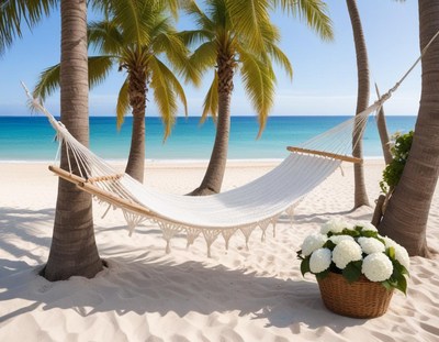 Relaxing hammock on a tropical beach near turquoise ocean