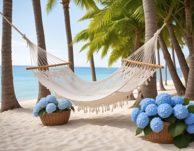 Hammock between palm trees by the beachfront