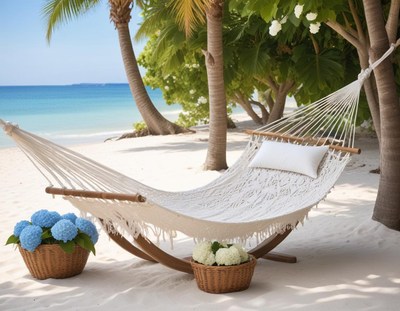 Relaxing in a hammock on a beach surrounded by flowers