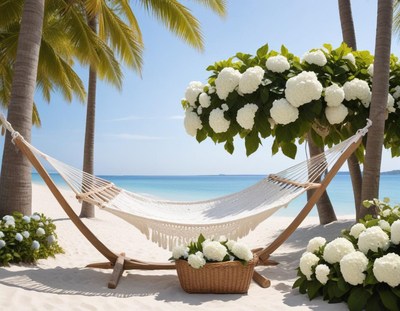 Relaxing hammock under palm trees by the beach