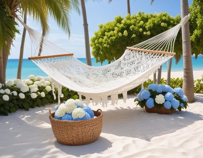 Relaxing in a hammock surrounded by flowers by the beach