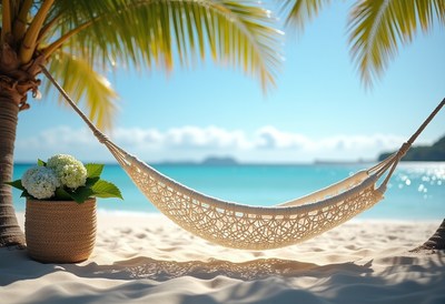 Relaxing hammock on a tropical beach in the sunshine