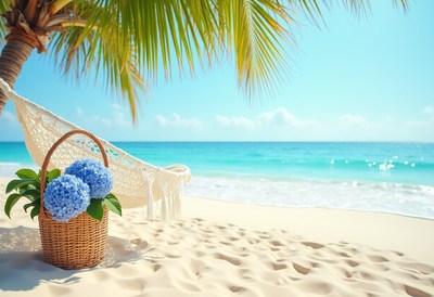 Relaxing beachside hammock with flowers by the ocean
