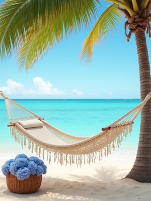 Relaxing by the serene beach with a hammock and flowers
