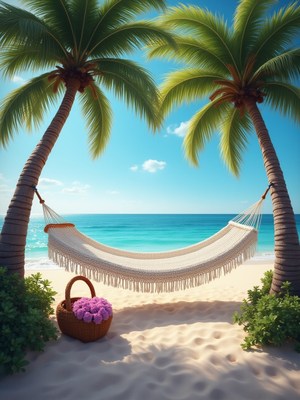 Relaxing hammock between palm trees on sandy beach