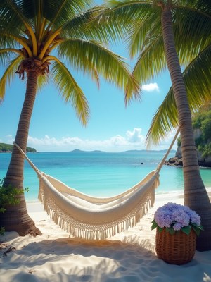 Relaxing hammock between palm trees on a tropical beach