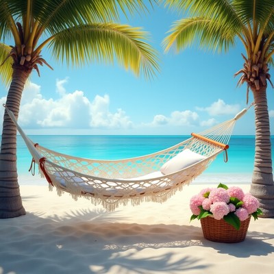 Relaxing hammock on tropical beach under palm trees