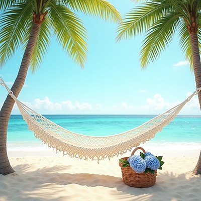Cozy hammock between palm trees on a sunny beach