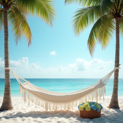 Relaxing in a hammock under palm trees by the ocean