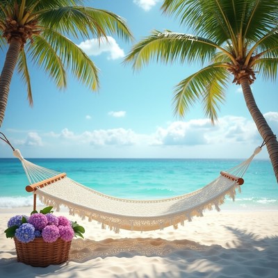Relaxing hammock by tranquil beach under palm trees