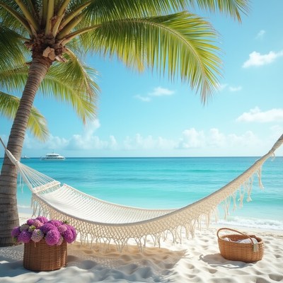 Relaxing in a hammock by the beach under palm trees