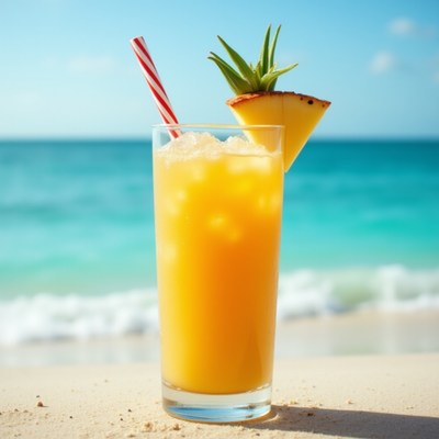 Refreshing tropical drink in summer beach setting