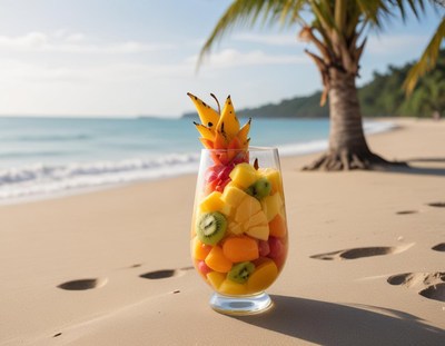 Fresh tropical fruit salad on a beach during sunset