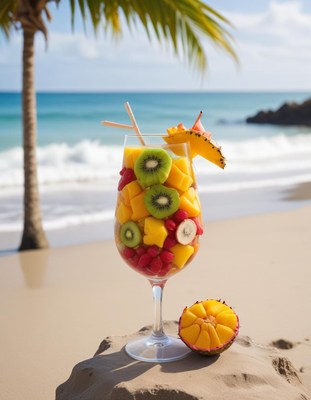 Colorful fruit salad on the beach with ocean waves