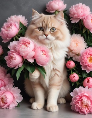 Cat surrounded by pink peonies in a floral display