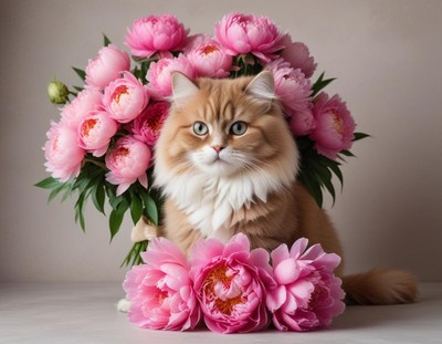 Cat surrounded by pink peonies in a calm setting