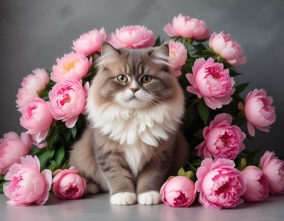 Fluffy cat surrounded by peonies in a studio setting
