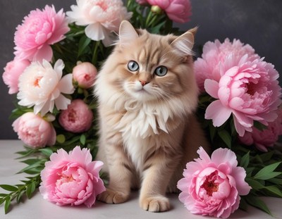 Cat surrounded by peony flowers in a floral setting