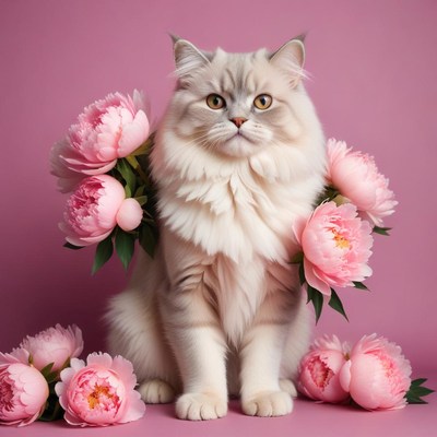 Elegant cat surrounded by pink peonies in a studio