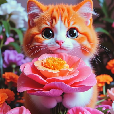 Cute kitten holds pink flower among colorful blooms