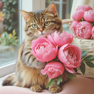 Cat with pink peonies in a cozy indoor setting