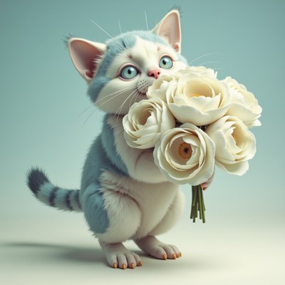 Cute cat holding white roses in a playful pose
